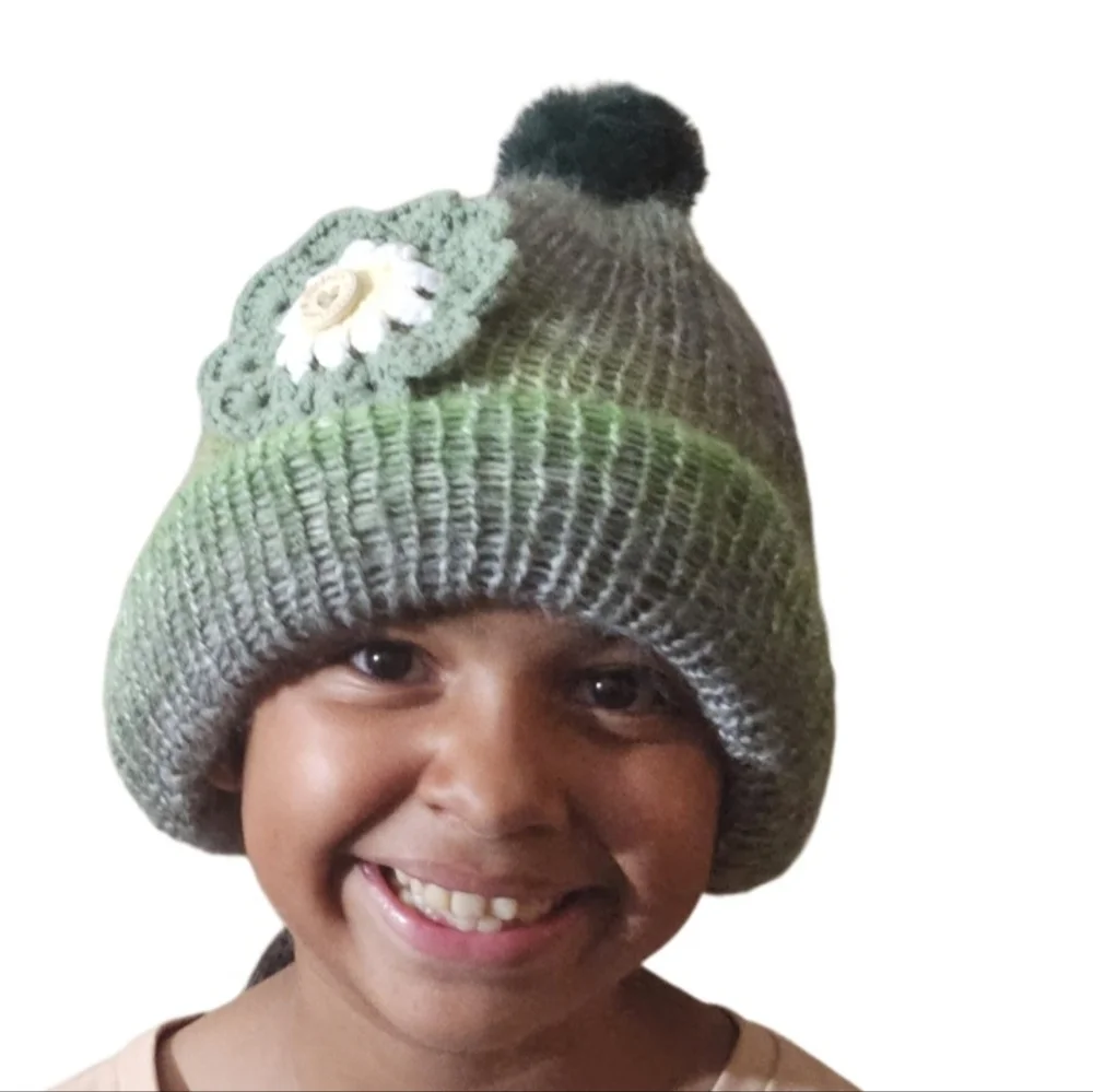 Hand Crafted Crochet Winter 3pc Set Green Ombré Beanie Scarf gloves wool floral